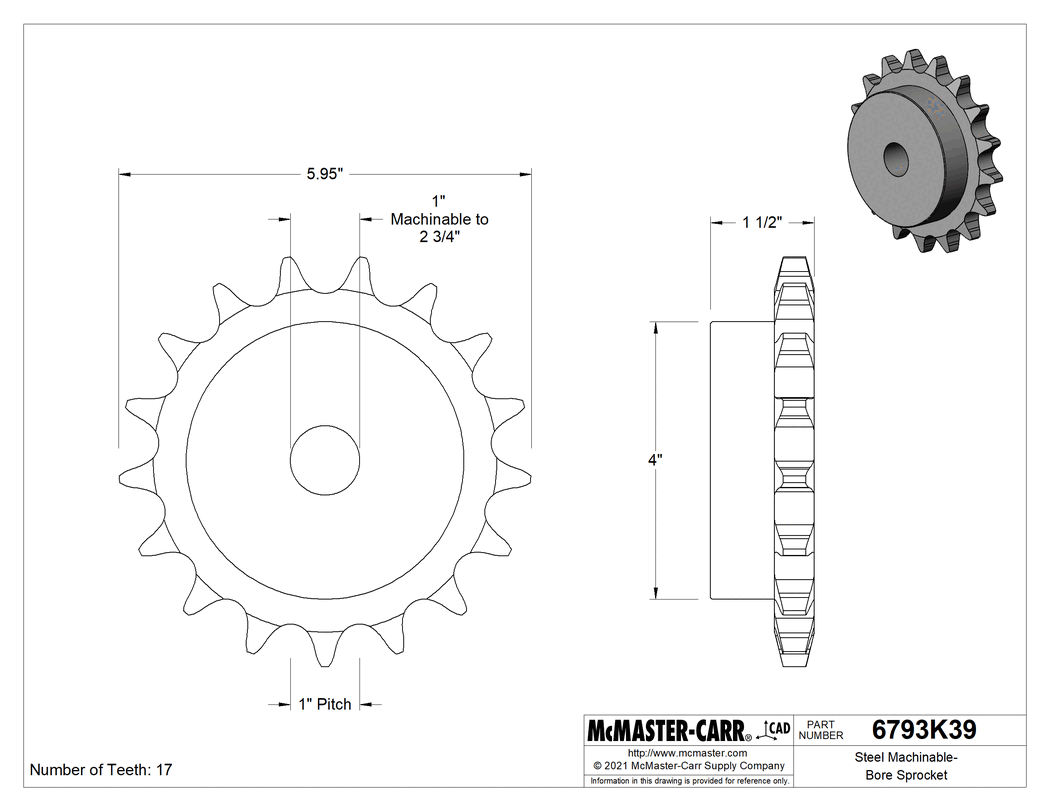 Technical Drawing of Steel Plain Bore Sprocket, for Single-Strand ANSI 80 Roller Chain, 17 Teeth.